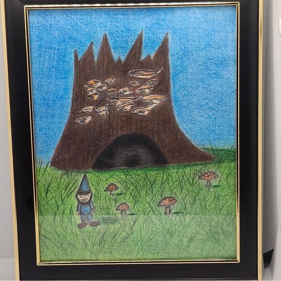 Hand Crafted Gnome Tree House Colored Pencil Drawing Framed 9x11" - Picture 7 of 13